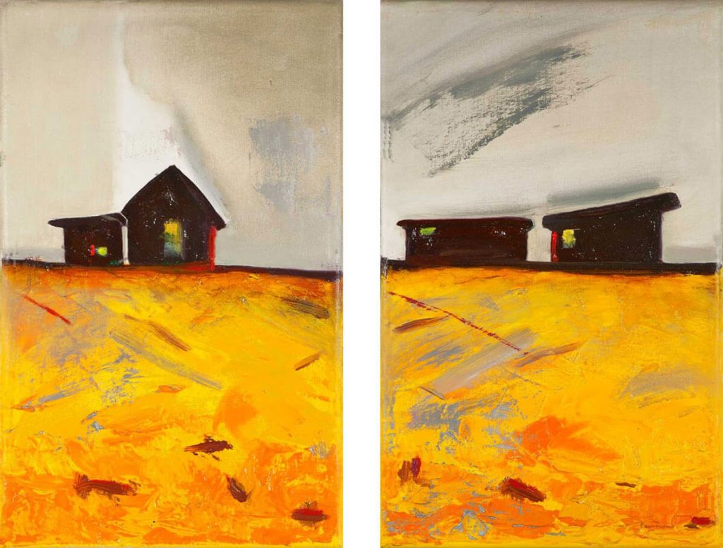 Casitas en campo amarillo I y II - Óleo sobre tela - Tere Borda